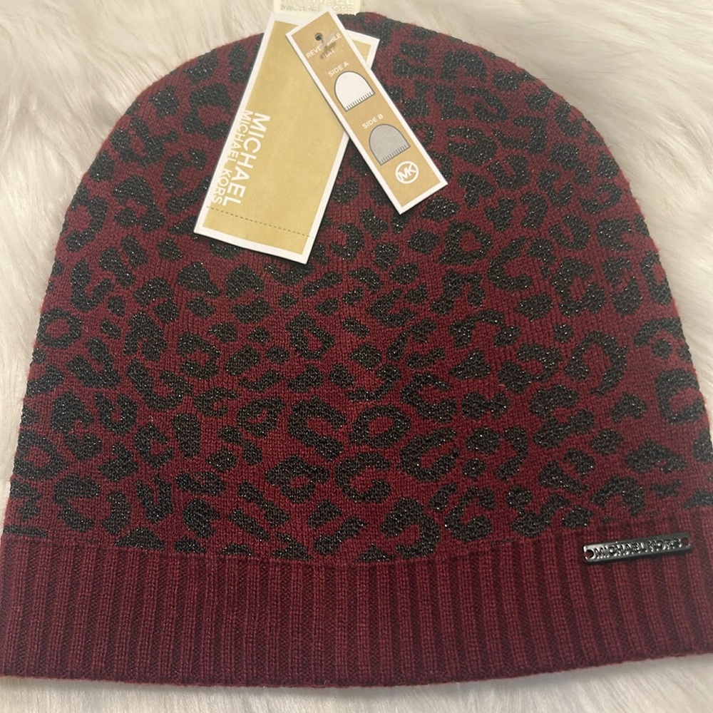 Michael Kors Reddish burgundy Leopard Print Beanie. Super cute!